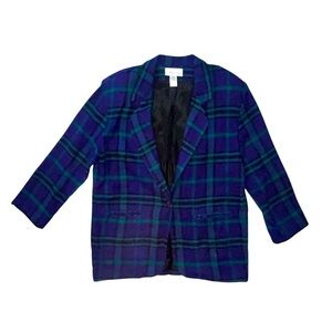 Vintage Allison Tracy Wool Blend Plaid Blazer Suit Jacket Green And Purple Large